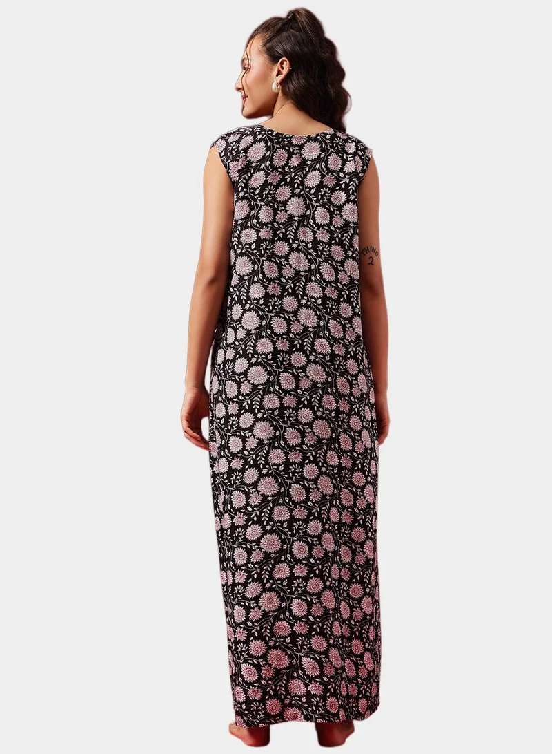 Clovia Black Floral Print Long Nighty in Black - Rayon for Women | Best Price UAE